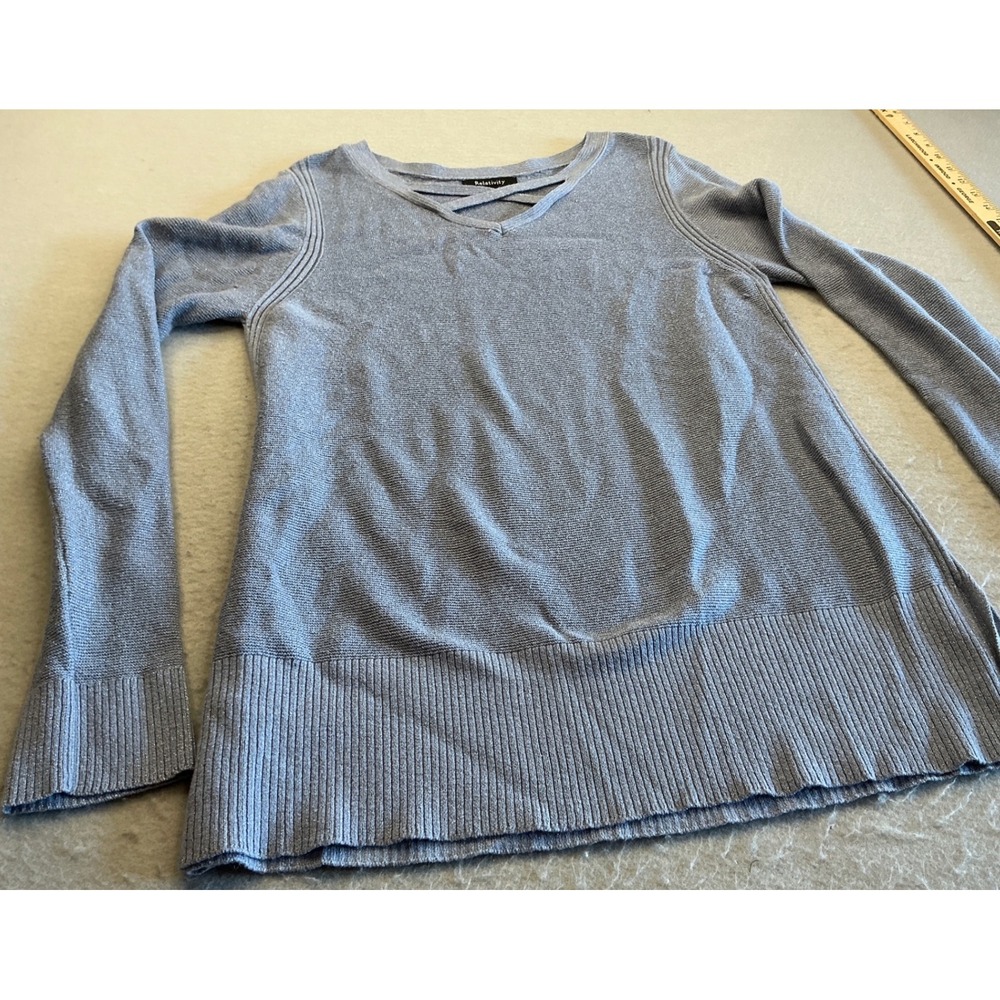Relativity Blue Metallic Shimmer Sweater Criss Cross V-Neck‎ Size L Casual Knit